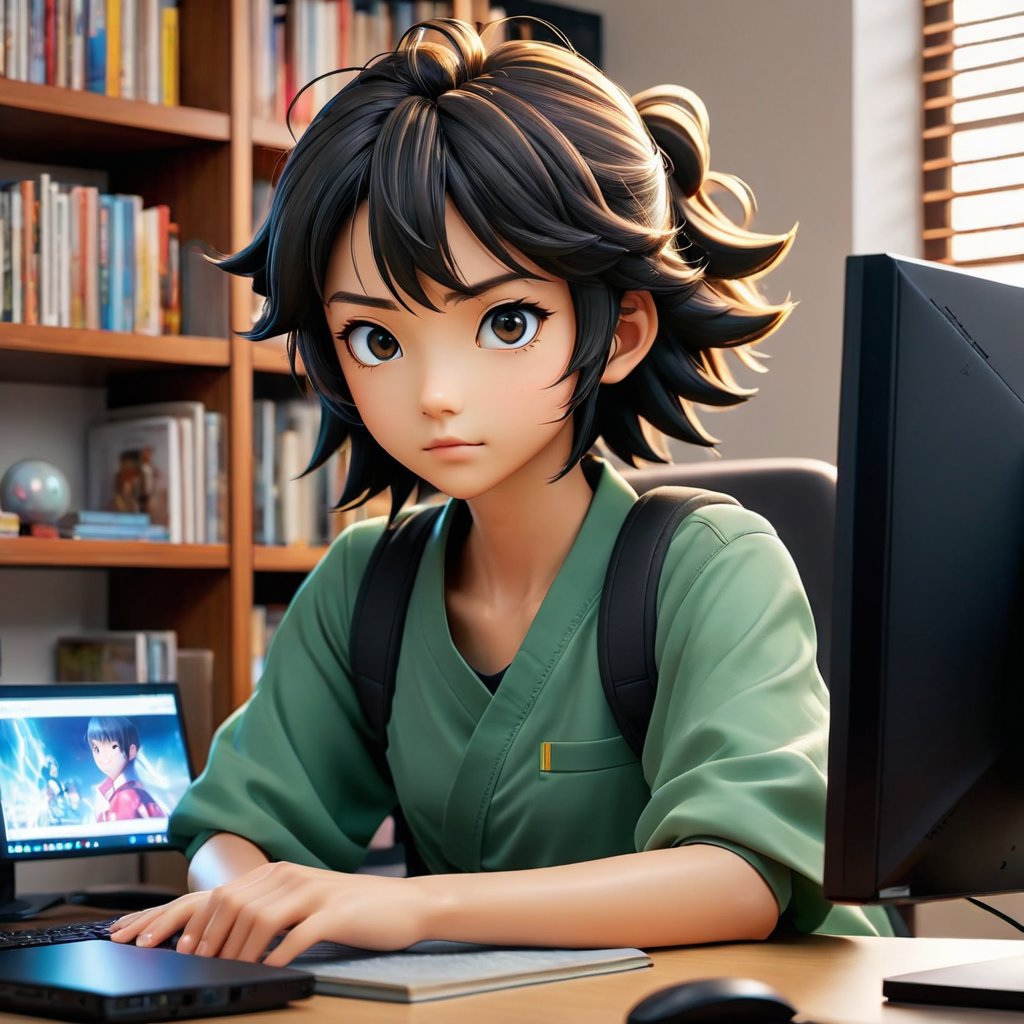 A Anime Female Otaku in room sitting at a computer desk with monitor, a bed, book case full of Manga, pocilean dolls in book cases,pocilean dolls in book cases, realistic, realism, hyperrealism,Art by Akito ,NarimanART ,Belcorno,: Beyonddz ,AJ Putra,Shimamo102, 7680x 4320 1600 dpi ,364k,1 Trillion pixels per inch, realism, Cgi cinema 3d animations double exposure, a clear, accurate and steady created anime character generating an intense aura of energy that the air around him is electrifying, his eyes begin to glow as he builds up his power, sharp focused lines, flickering lighting, flickering shadows, minimalisim anime, vivid coloring, enhanced accurate detailing, art by Katsuhiro Otomo and Paul Pope --no ugly, disfigured, deformed, deformations, elongated, skewed, mutated, extra limb  