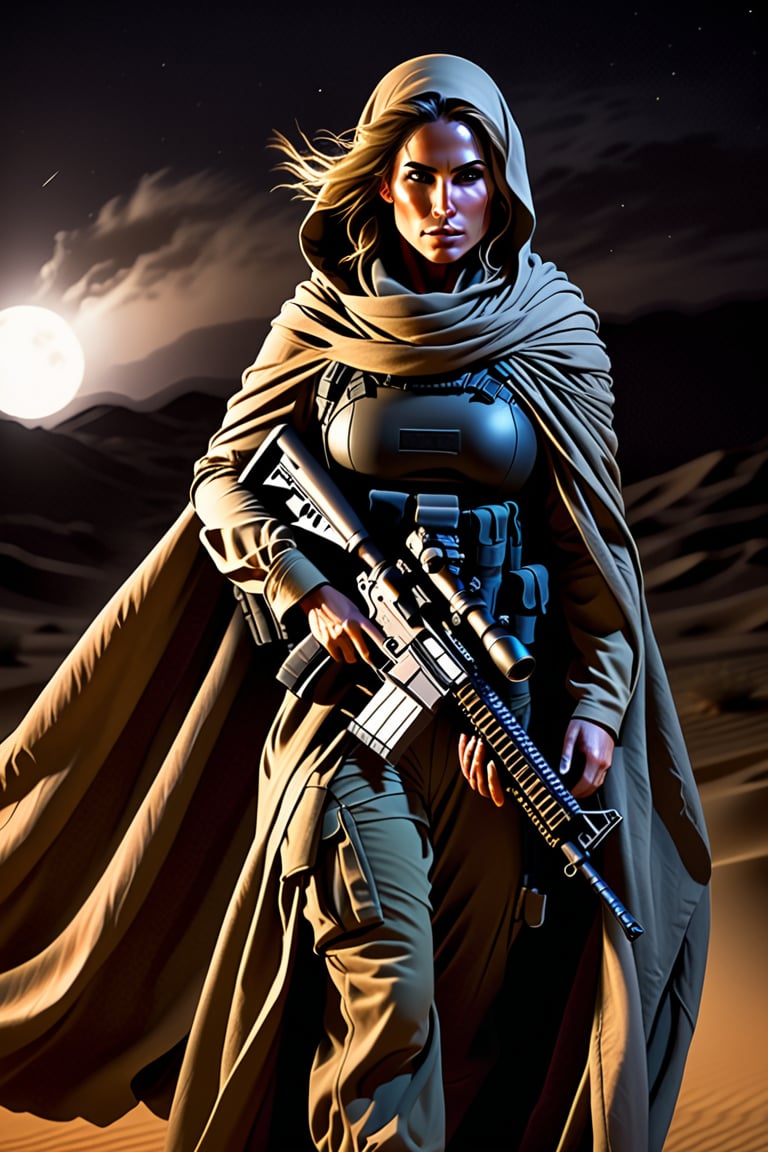 A 38 year old special forces elite woman, rugged clothing suitable for the rigors of war, complemented by a long cloak that billows behind her in the strong wind. She is armed with a sniper rifle. night time, in the desert, ghostly woman