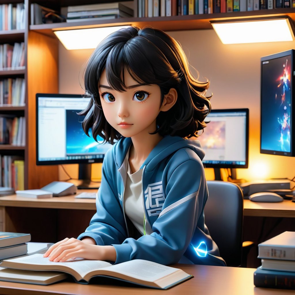 A Anime Female Otaku in room sitting at a computer desk with monitor, a bed, book case full of Manga, pocilean dolls in book cases,pocilean dolls in book cases, realistic, realism, hyperrealism,Art by Akito ,NarimanART ,Belcorno,: Beyonddz ,AJ Putra,Shimamo102, 7680x 4320 1600 dpi ,364k,1 Trillion pixels per inch, realism, Cgi cinema 3d animations double exposure, a clear, accurate and steady created anime character generating an intense aura of energy that the air around him is electrifying, his eyes begin to glow as he builds up his power, sharp focused lines, flickering lighting, flickering shadows, minimalisim anime, vivid coloring, enhanced accurate detailing, art by Katsuhiro Otomo and Paul Pope