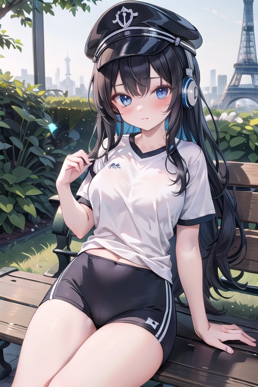 Master piece, generate image of a Sexy 
Girl with headphones, cap, dreamy expression, sitting a bench in the gardens of the Eiffel tower, training wear, t-shirt and sport shorts, (ultra detailed perfect piece:1.2), illustration, masterpiece, (extremely detailed CG 8k), (very fine 8K CG), (1girl:1.2), (dark hair), long hair, wavy hair, hair over one eye, sparkling, light blue eyes, looking at side,