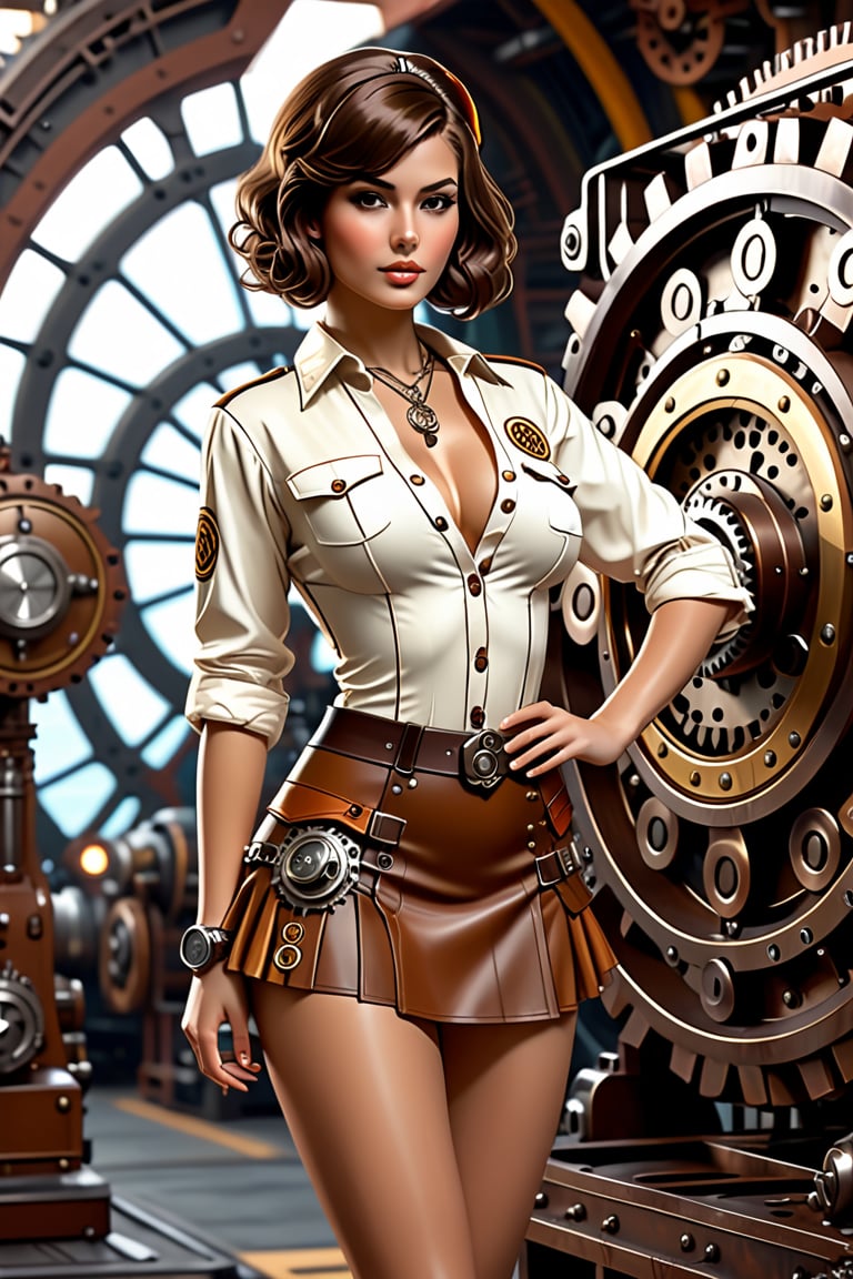 Sexy short skirt panty showing outfit full body, Portrait of a girl in super short bikini  mini skirt,
 open 38 dd opened unbuttoned 
tunic, loose brown hair, dieselpunk, aristocrat, model face, max detailing, realism, cogs in the background, monograms on background, Ian McQue style,   strongs colors, (artstation), 8k, intricate details, vintage, retro futuristic style, detailed illustration, side view