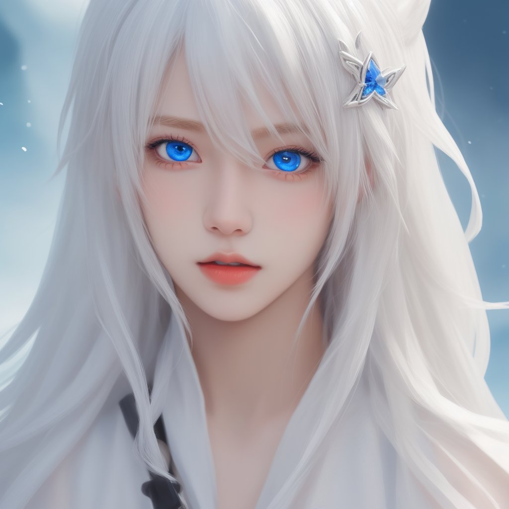 masterpiece, best quality, Looking at viewer, male_focus, upper_body, 1boy,  
Pavel,White hair,blue eyes, Ahoge,hair ornament, long hair, close-up, ice_magic, cute boy, 