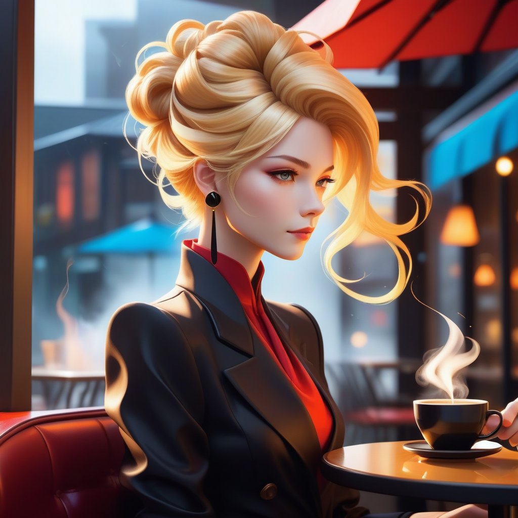 "Anime style female character at a coffee shop, sipping coffee with steam, dynamic stylized appearance. Golden blonde cascade hair in elegant updo, sleek geometric black earrings, attire in black and vibrant red with flame-like movement. Vivid saturated colors, high resolution, sharp details. Calm mood, stormy scary weather outside. No deformed anatomy, boy parts, 3rd limbs."