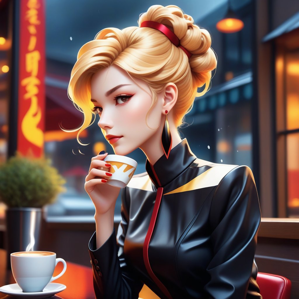 "Anime style female character at a coffee shop, sipping coffee with steam, dynamic stylized appearance. Golden blonde cascade hair in elegant updo, sleek geometric black earrings, attire in black and vibrant red with flame-like movement. Vivid saturated colors, high resolution, sharp details. Calm mood, stormy scary weather outside. No deformed anatomy, boy parts, 3rd limbs."