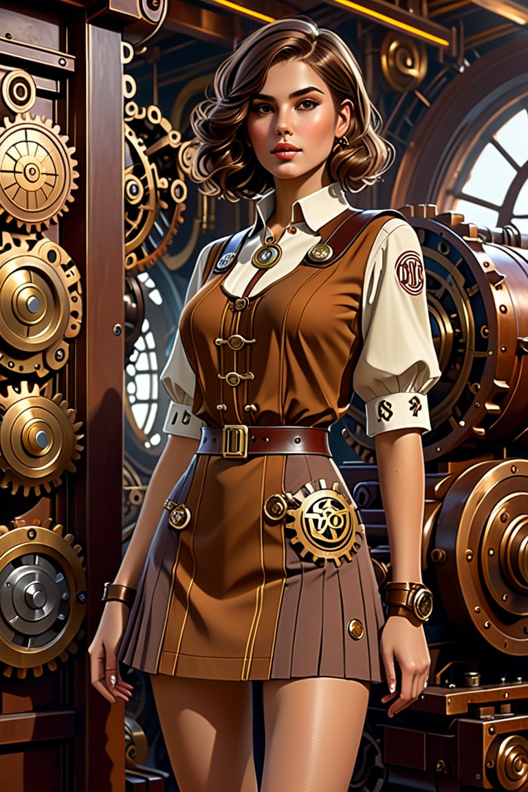 Sexy short skirtpanty showing outfit full body, Portrait of a girl in 
 tunic, loose brown hair, dieselpunk, aristocrat, model face, max detailing, realism, cogs in the background, monograms on background, Ian McQue style,   strongs colors, (artstation), 8k, intricate details, vintage, retro futuristic style, detailed illustration, side view