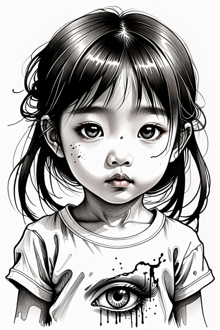 Create a white background with a penciled eye with thick, dark lines and your pupil is kind of melting,Drawing of a little girl ,chinese ink drawing,LegendDarkFantasy,T-shirt design