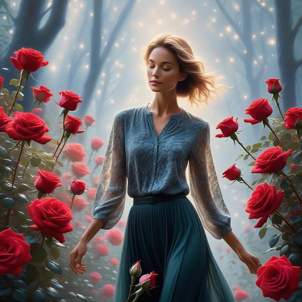  The image captures a person amidst a dreamlike scene, surrounded by a flurry of vivid red roses in full bloom. The roses appear to be carried by a gentle breeze, some petals gracefully falling, creating a dynamic yet serene atmosphere. The individual is dressed in a soft, patterned shirt that melds harmoniously with the surrounding flora. The lighting is soft and diffused, yet it highlights the intricate details of each rose and the subtle creases in the fabric. The background is a dance of shadows and light, suggesting a forest at dusk, where the interplay of light and dark creates an enchanting backdrop. The overall composition is rendered in photorealistic quality, with hyper-high resolution that invites the viewer to step into this tranquil, otherworldly moment.