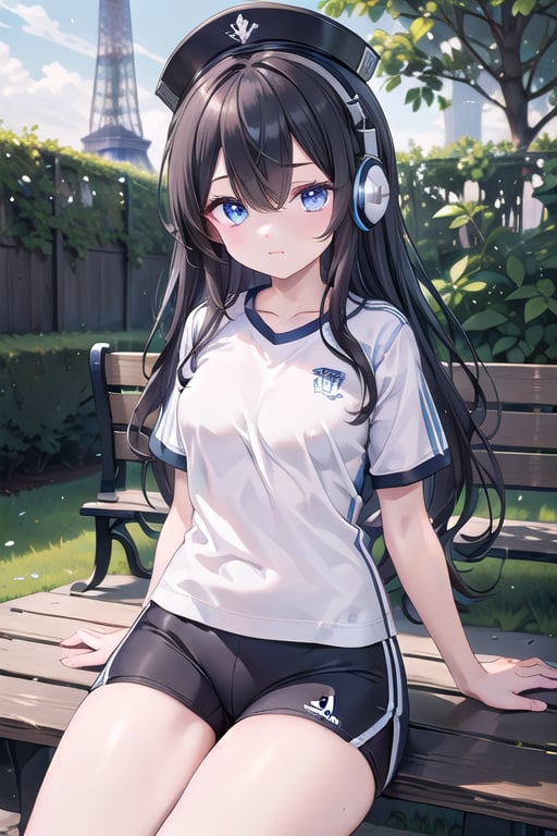 Master piece, generate image of a Girl with headphones, cap, dreamy expression, sitting a bench in the gardens of the Eiffel tower, training wear, t-shirt and sport shorts, (ultra detailed perfect piece:1.2), illustration, masterpiece, (extremely detailed CG 8k), (very fine 8K CG), (1girl:1.2), (dark hair), long hair, wavy hair, hair over one eye, sparkling, light blue eyes, looking at side,