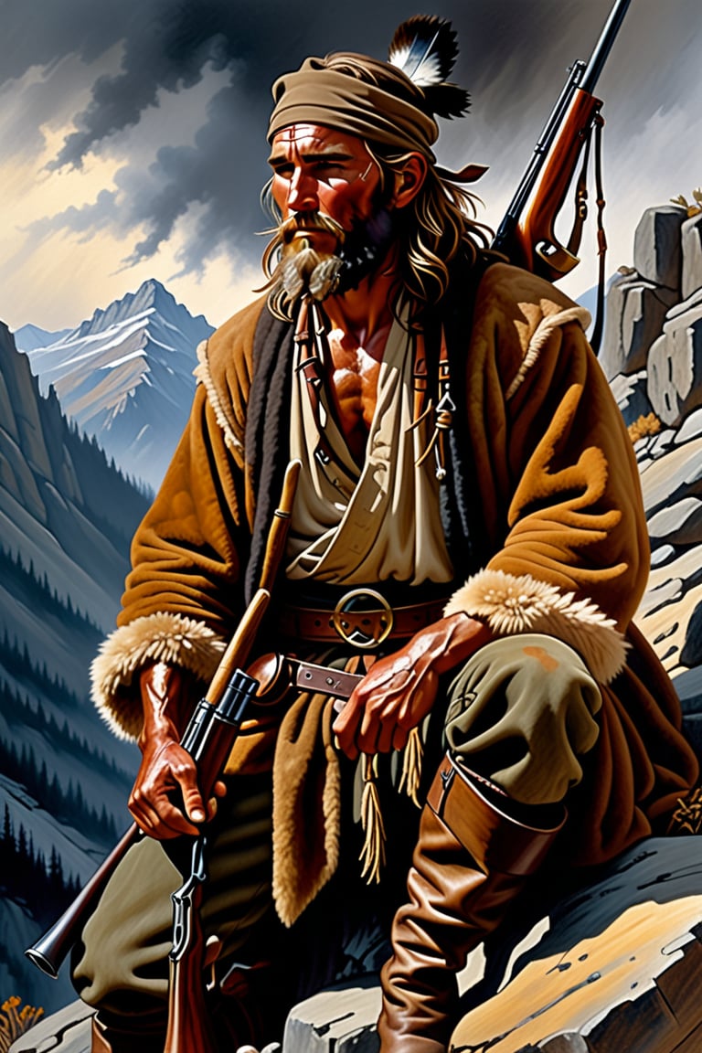 "Close-up view, full-face visible, focus on facial details, dramatic chiaroscuro lighting.", "Fine art oil painting.", "Style is Kariolis RPG, Simon Bisley.", "A seasoned Mountain man, ((skinny)), his buckskin pants stained and tattered from countless trips. A Hawkins rifle hangs at his side, nicked from many a struggle. His skin is weathered and smeared with the grit of the mountains, and atop his head sits a rugged fur cap, Between his teeth, he clenches a thin bone needle, used for mending  wounds. His hands, though rough and calloused, are adept and show the precision of a master craftsman. He is a stocky brute in his prime, embodying the mountain man tradition, with leather leggings laced to his knees and a robe made from animal hide draped over his broad shoulders. This hunter has lived his life in the wilderness, always placing the honor of the nation and the glory of his tribe above all else. In his grip, he holds a Hawkins rifle, a stark contrast to the ravaged field around him, where broken shields and the smoke from funeral pyres rise to the grey skies."
