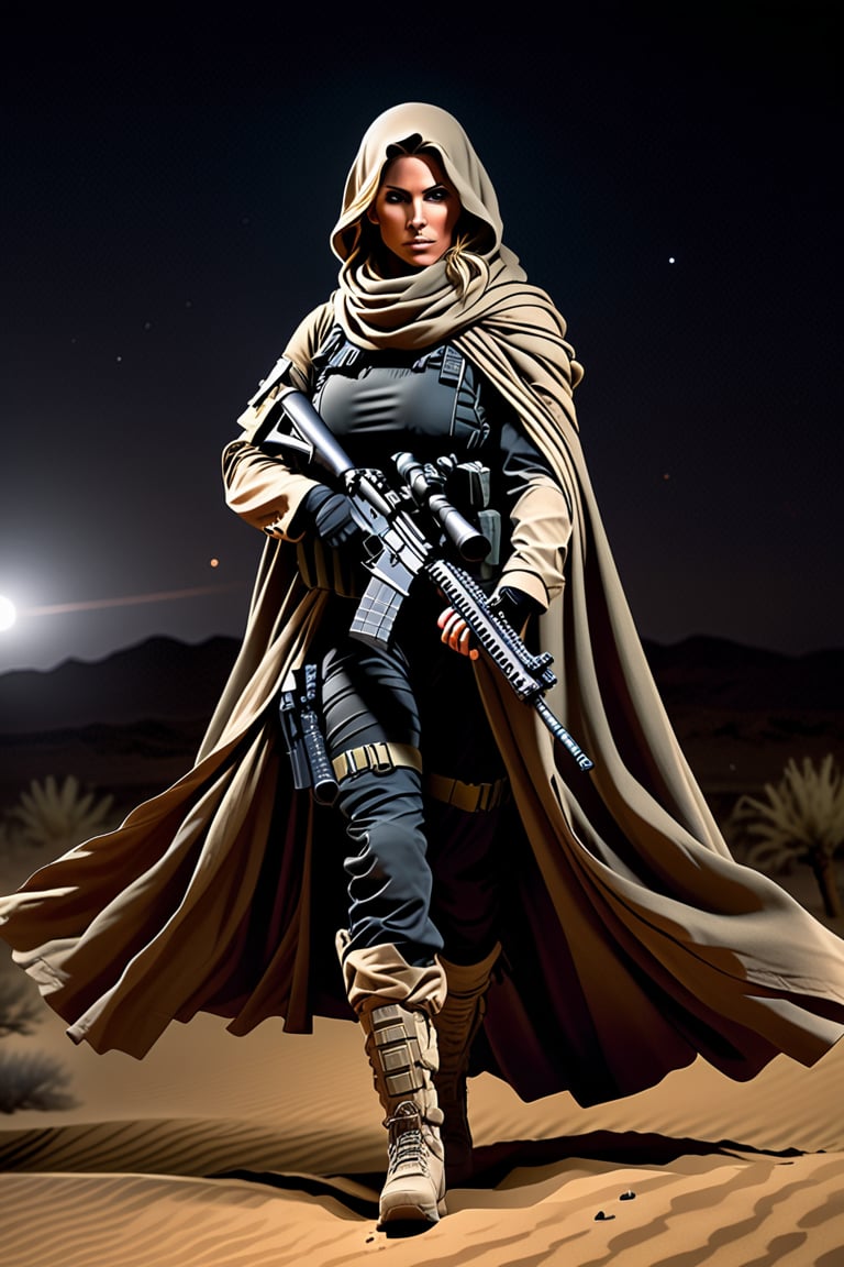 A 38 year old special forces elite woman, rugged clothing suitable for the rigors of war, complemented by a long cloak that billows behind her in the strong wind. She is armed with a sniper rifle. night time, in the desert, ghostly woman