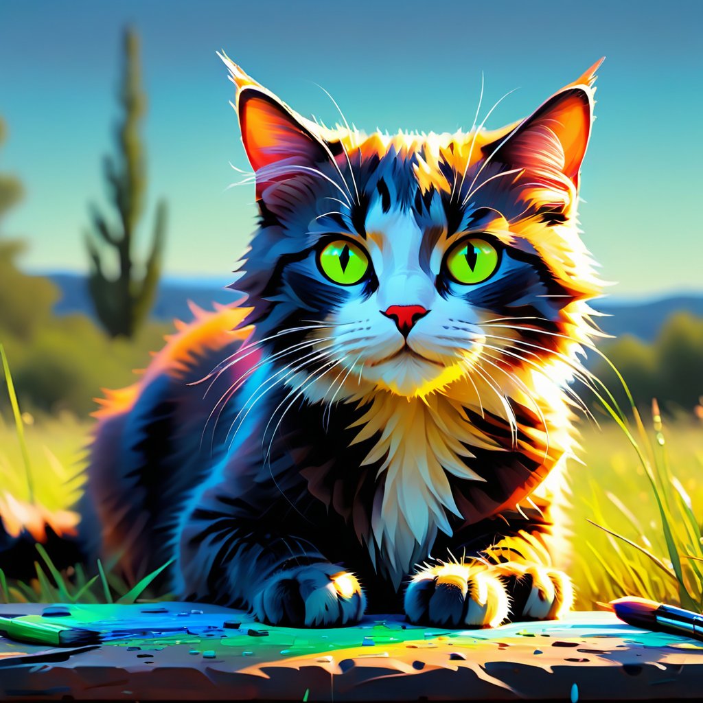 fluorescent horizon, color field painting, luminism, digital brush strokes, cg graphic illustration,
3D animation, cat looking at viewer, focus on animal, no people, illustration, acrylic painting, palette knife and brush strokes,
in the style of Jean Baptiste, Simeon Chardin, Alexey Venetsianov, Camille Corot, Ghibli Genshin Impact studio