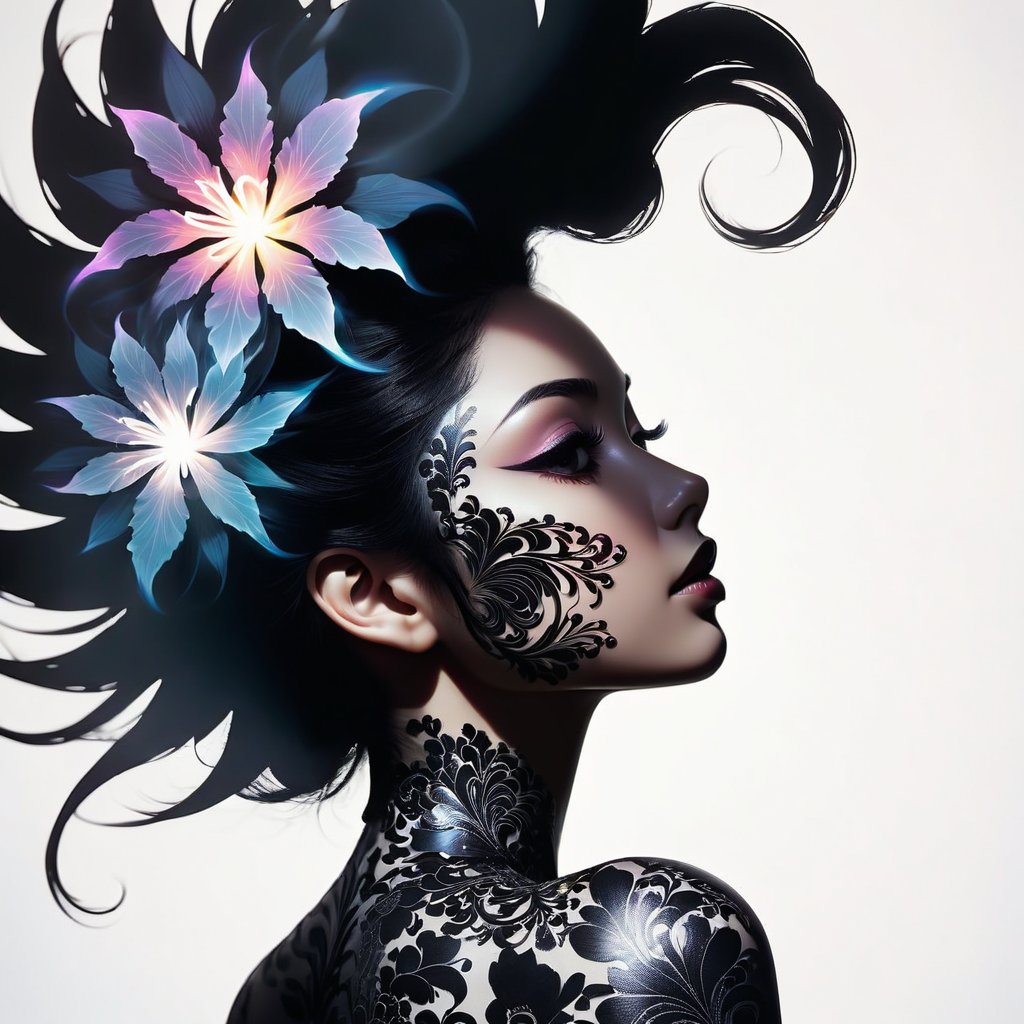  art by (artist name), Double exposure silhouette, side profile silhouette of dark ornamental flower magic tattoo Create an image of a Hashira with jet-black hair and intense eyes, radiating an electric aura of power that exceeds even the Upper Rank 1 Demon. This piece should be done in the Koyoharu Gotouge art style, with an abstract aura