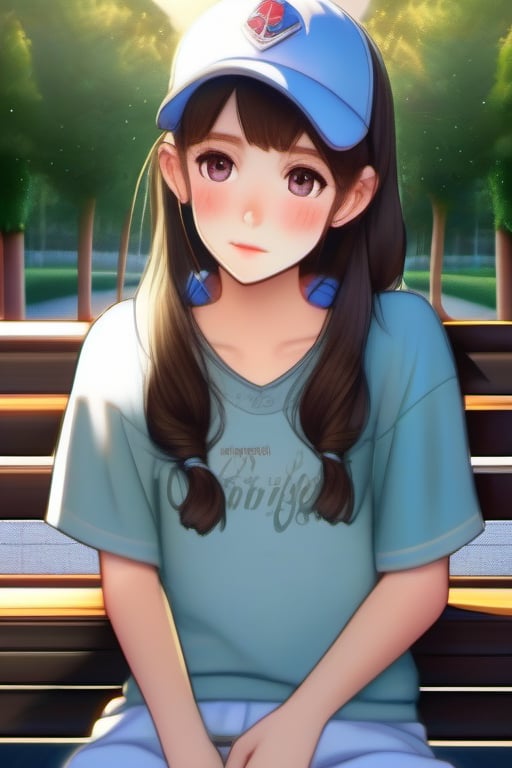 Master piece, generate image of a Girl with headphones, cap, dreamy expression, sitting a bench in the gardens of the Eiffel tower, training wear, t-shirt and sport shorts, (ultra detailed perfect piece:1.2), illustration, masterpiece, (extremely detailed CG 8k), (very fine 8K CG), (1girl:1.2), (dark hair), long hair, wavy hair, hair over one eye, sparkling, light blue eyes, looking at side,