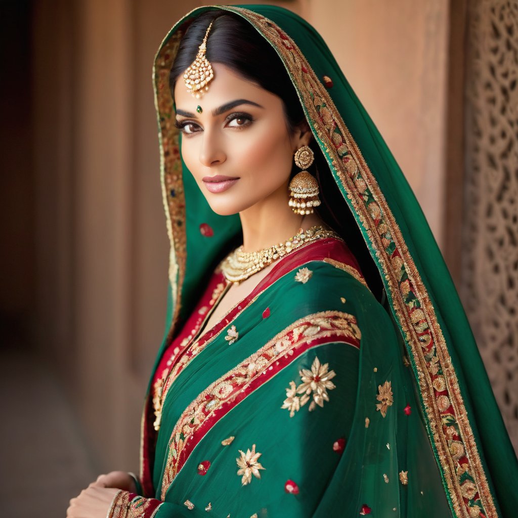 Her hair is long, dark, and lustrous, partially visible beneath the elegantly draped dupatta that adorns her head and shoulders, respecting her Muslim heritage. The dupatta, a piece of fine, lightweight fabric, is richly embroidered with traditional Pakistani motifs, incorporating colors like deep reds, vibrant greens, and golds, symbolizing the richness of her culture.