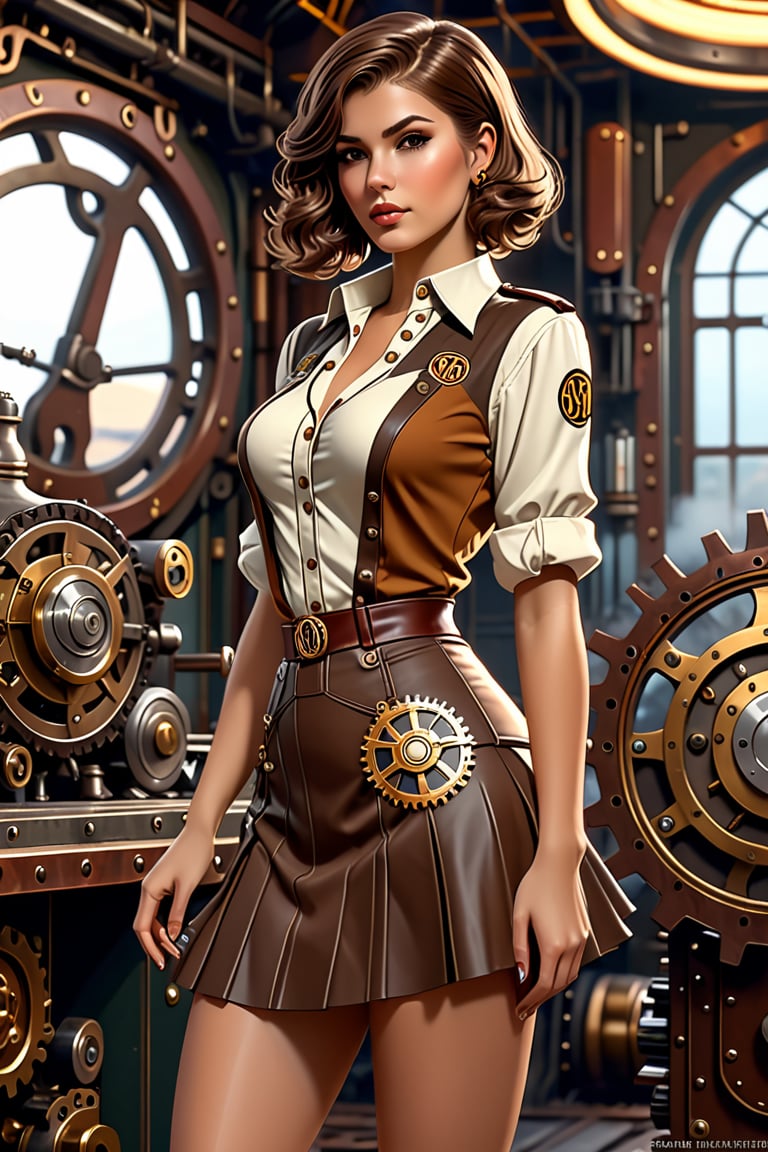 Sexy short skirt panty showing outfit full body, Portrait of a girl in super short mini skirt,
 open 38 dd opened unbuttoned 
tunic, loose brown hair, dieselpunk, aristocrat, model face, max detailing, realism, cogs in the background, monograms on background, Ian McQue style,   strongs colors, (artstation), 8k, intricate details, vintage, retro futuristic style, detailed illustration, side view