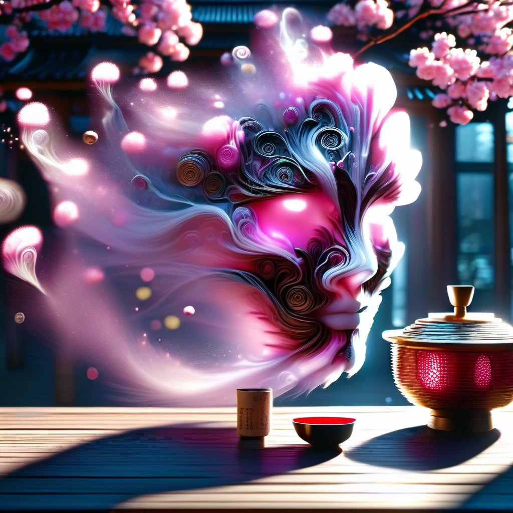 cinematic film still ((BBC Style)) A Futuristic cyborg Geisha Queen sitting in a tea house having tea, in a cherry blossom kimono, setting is cyberpunk

, 4k, Canon EOS R3, hdr, smooth, sharp focus, high resolution, award winning photo, 35mm, wide angle shot, full_length, f2.8, bokeh, in the style of Garry Winogrand – Street Photography