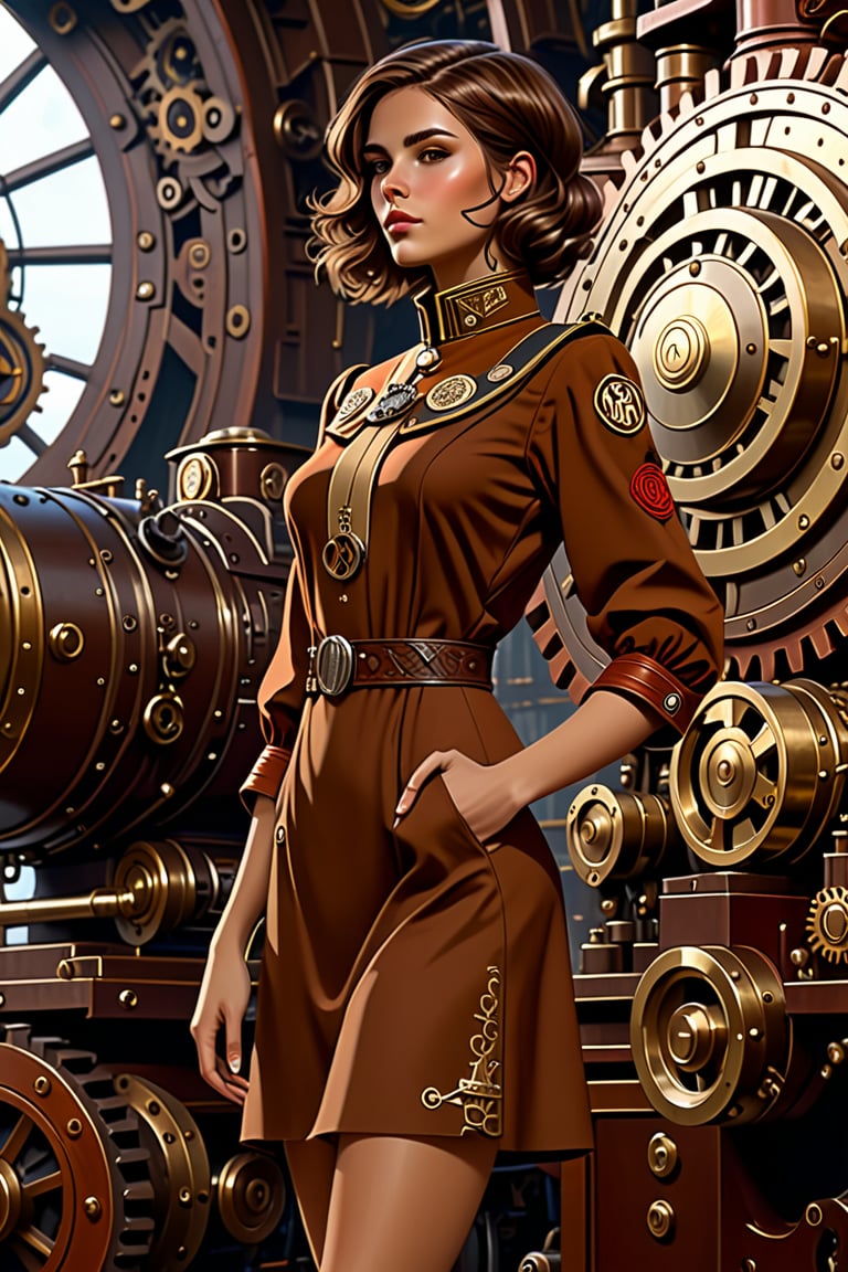 Sexy full body, Portrait of a girl in 
 tunic, loose brown hair, dieselpunk, aristocrat, model face, max detailing, realism, cogs in the background, monograms on background, Ian McQue style, Russian empire, British empire, strongs colors, (artstation), 8k, intricate details, vintage, retro futuristic style, detailed illustration, side view