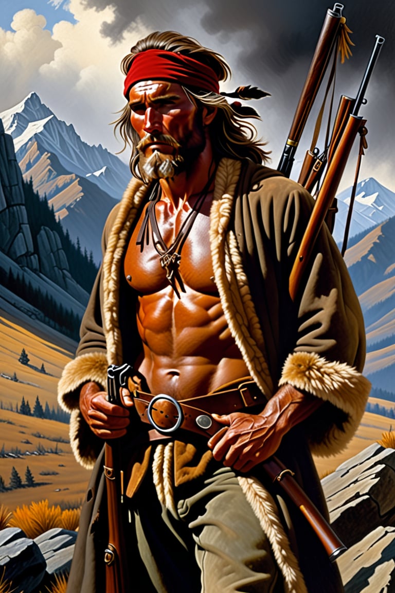 "Close-up view, full-face visible, focus on facial details, dramatic chiaroscuro lighting.", "Fine art oil painting.", "Style is Kariolis RPG, Simon Bisley.", "A seasoned Mountain man, ((skinny)), his buckskin pants stained and tattered from countless trips. A Hawkins rifle hangs at his side, nicked from many a struggle. His skin is weathered and smeared with the grit of the mountains, and atop his head sits a rugged fur cap, Between his teeth, he clenches a thin bone needle, used for mending  wounds. His hands, though rough and calloused, are adept and show the precision of a master craftsman. He is a stocky brute in his prime, embodying the mountain man tradition, with leather leggings laced to his knees and a robe made from animal hide draped over his broad shoulders. This hunter has lived his life in the wilderness, always placing the honor of the nation and the glory of his tribe above all else. In his grip, he holds a Hawkins rifle, a stark contrast to the ravaged field around him, where broken shields and the smoke from funeral pyres rise to the grey skies."
