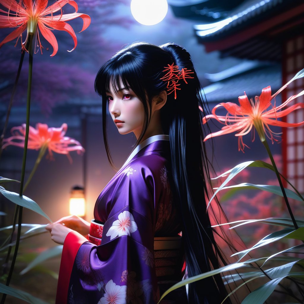 "Anime art style by Yoji Shinkawa, surreal fantasy, high angle shot of a girl with long black hair and purple eyes in a black and red kimono, standing in an enchanted garden with red spider lilies. Ambient moonlight lighting, ultra-realistic rendering, ethereal fantasy concept art, highly detailed, beautiful, cinematic photo, best quality, dreamy, sharp focus."