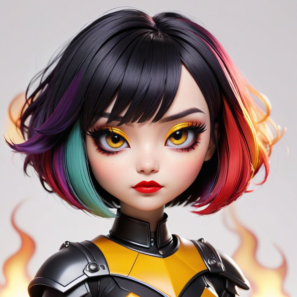  teampunk, upper body, close eyes, white background, bob cut, short hair, multicolored hair, makeup , parted lips, black lips, eyeliner, gothic, goth girl,
her hair is styled in a bob with bangs. the tips of her hair are dyed red. sweet cartoon style
,disney pixar style,Line Chibi yellow,LIMBUSCOMPANY_Ryoshu,flat design,cute comic,anime,Emote Chibi Phoenix Vanguard in fire-themed Phoenix armor, rendered in hyper high resolution with extreme vivid colors. The scene features an anime style with a bokeh effect at f/1.4, showcasing the Mech Warrior's noble and resilient characteristics under dramatic and moody lighting."
