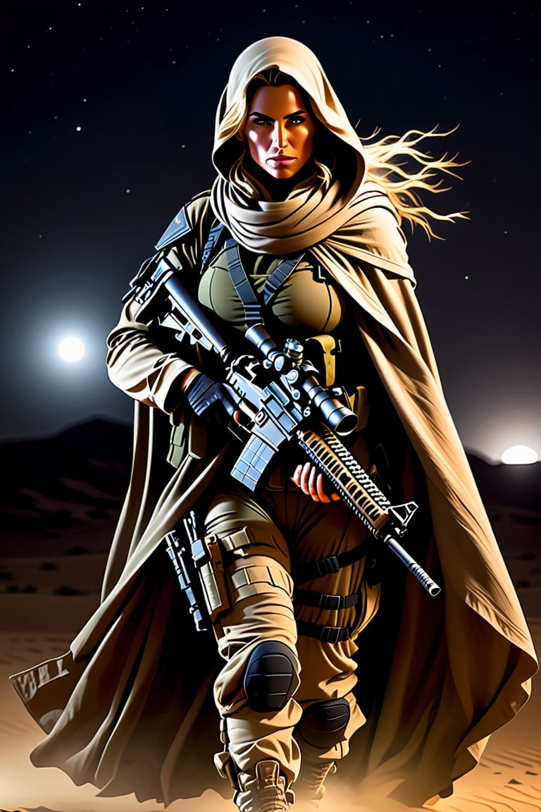 A 38 year old special forces elite woman, rugged clothing suitable for the rigors of war, complemented by a long cloak that billows behind her in the strong wind. She is armed with a sniper rifle. night time, in the desert, ghostly woman