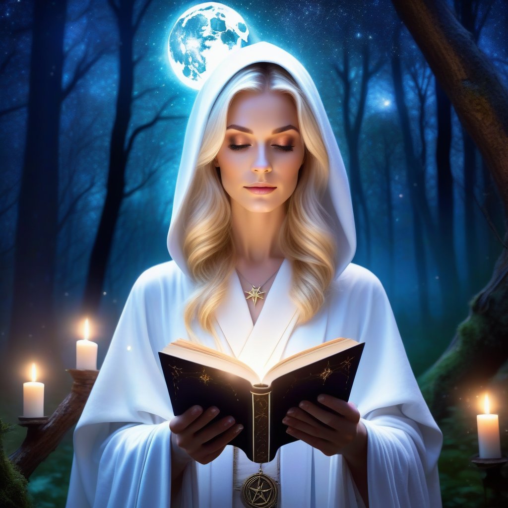 A beautiful witch wearing white robe, reading a grimoire in a starry night, in an enchanting forest, surrounded by mystical atmosphere and magical ambiance, glitters, glowing particles, misty. (masterpiece, top quality, best quality, official art, beautiful and aesthetic:1.2), (1girl:1.4), upper body, blonde hair, portrait, extreme detailed, fantasy art, intricate arcane wiccan designs, 