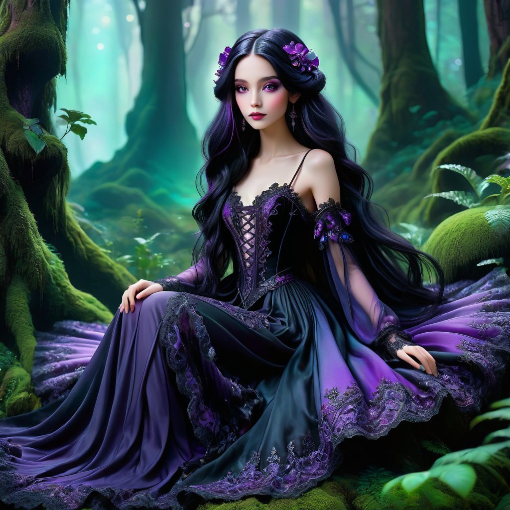  "A photorealistic scene featuring a gothic girl with long, flowing black hair adorned with purple highlights, dressed in an intricate black and purple baroque outfit with lace and velvet details. She sits gracefully on a large, vibrant violet mushroom. The forest around her is lush and mystical, with towering ancient trees, glowing flora, and a carpet of emerald green moss. The scene is bathed in soft, ethereal moonlight, casting vivid colors and creating an epic, otherworldly atmosphere. The background features a cascading waterfall and a misty, enchanted ambiance. The image is in hyper ultra high definition with extreme resolution, capturing every detail with stunning clarity."