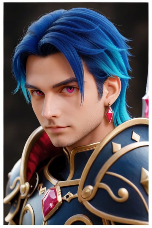 solo, looking at viewer, red eyes, 1boy, jewelry, closed mouth, blue hair, upper body, weapon, male focus, multicolored hair, earrings, pink eyes, armor, border, polearm, shoulder armor, gem, portrait