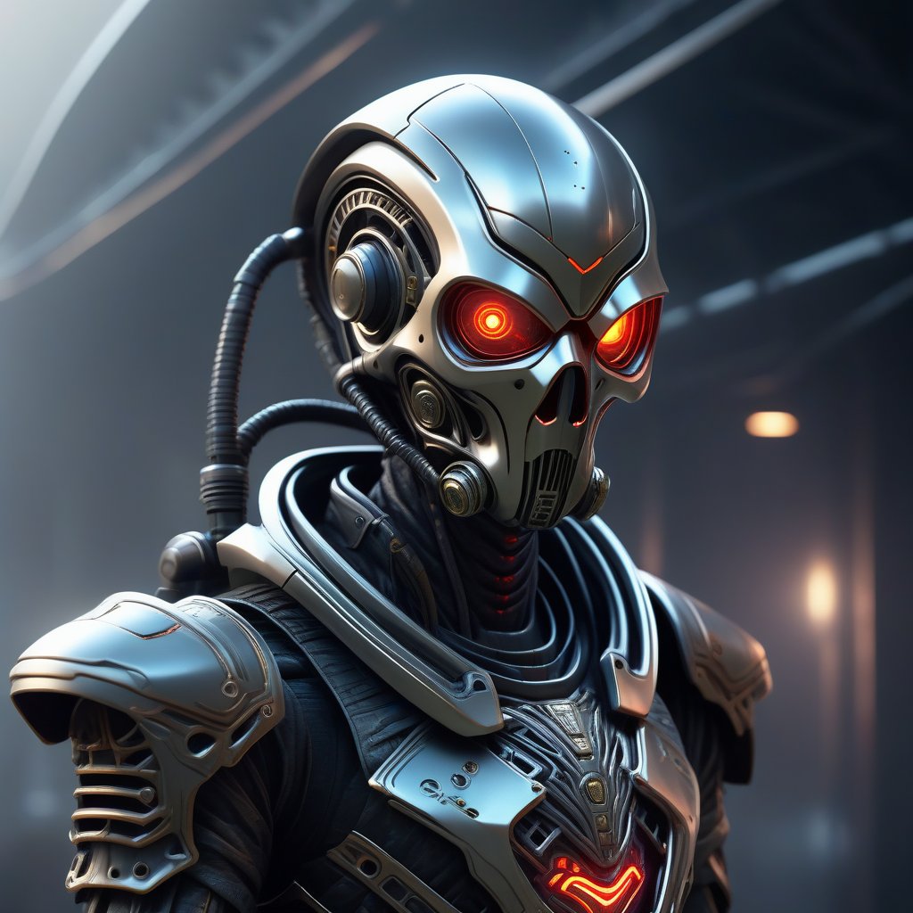 Create a hyper-realistic, high-detail image of a NECROMECHANICS Hellbound Heart alien humanoid, featuring a mix of medieval rags and futuristic LEDs on armor. The character, a blend of zombie, terminator, and cyborg, sports demonic eyes, a gas mask, and sci-fi gadgets helmet. The intricate, abstract artwork, rendered in Octane, showcases symmetrical composition, detailed body parts, and a UFO in the background. Influenced by artists like Tooth Wu, Wlop, Beeple, and Greg Rutkowski, this cinematic key art is trending on ArtStation.