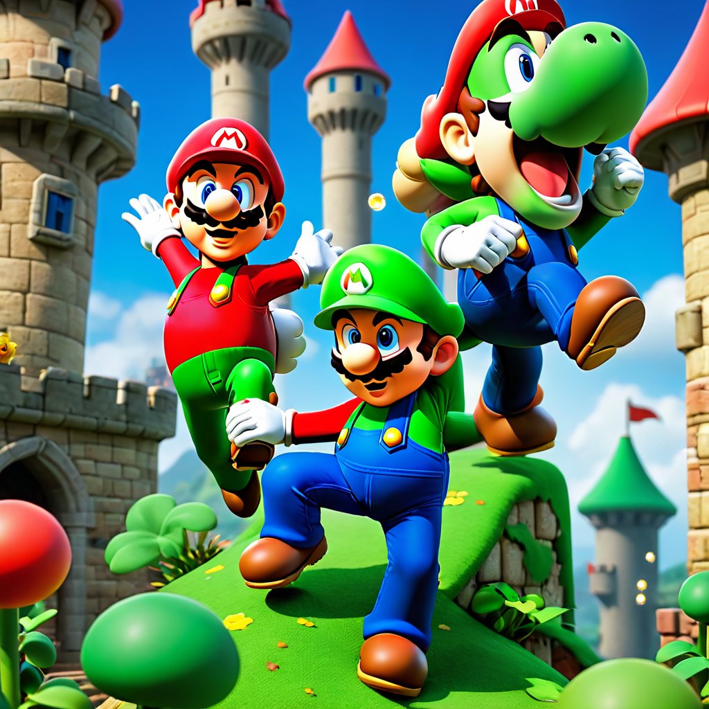 ((Cartoon-style image combined with Unreal Engine 5, rendered in ultra-high resolution with realistic details and textures.):1.3). | Cover of the game Super Mario World. | The cover shows (((Mario and Luigi))) in a dynamic pose, running and jumping in a colorful and vibrant setting. In the background, there is a medieval-style castle, with red and yellow flags flying high. The sky is clear blue, with round white clouds scattered across it. Surrounding Mario and Luigi are several of the game's enemies, such as Goombas, Koopas, and Piranha Plants, adding an element of danger and adventure to the scene. | The lighting is bright and colorful, highlighting the details of the characters and the setting. The composition is balanced and dynamic, with Mario and Luigi at the center of the scene, while enemies and the castle extend to the sides. | An exciting and fun scene, capturing the essence of the Super Mario World game. | ((perfect anatomy, perfect body)), ((more_than_one_pose, perfect_pose)), ((perfect fingers, better hands, perfect hands, perfect legs, perfect feet)), ((perfect design)), ((correct errors): 1.2), ((perfect composition)), ((very detailed scene, very detailed background, correct imperfections, perfect layout):1.2), ((More Detail, Enhance)), Perfect Hands