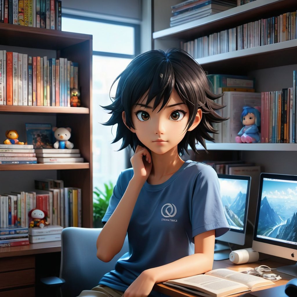 A Anime Female Otaku in room sitting at a computer desk with monitor, a bed, book case full of Manga, pocilean dolls in book cases,pocilean dolls in book cases, realistic, realism, hyperrealism,Art by Akito ,NarimanART ,Belcorno,: Beyonddz ,AJ Putra,Shimamo102, 7680x 4320 1600 dpi ,364k,1 Trillion pixels per inch, realism, Cgi cinema 3d animations double exposure, a clear, accurate and steady created anime character generating an intense aura of energy that the air around him is electrifying, his eyes begin to glow as he builds up his power, sharp focused lines, flickering lighting, flickering shadows, minimalisim anime, vivid coloring, enhanced accurate detailing, art by Katsuhiro Otomo and Paul Pope --no ugly, disfigured, deformed, deformations, elongated, skewed, mutated, extra limb  