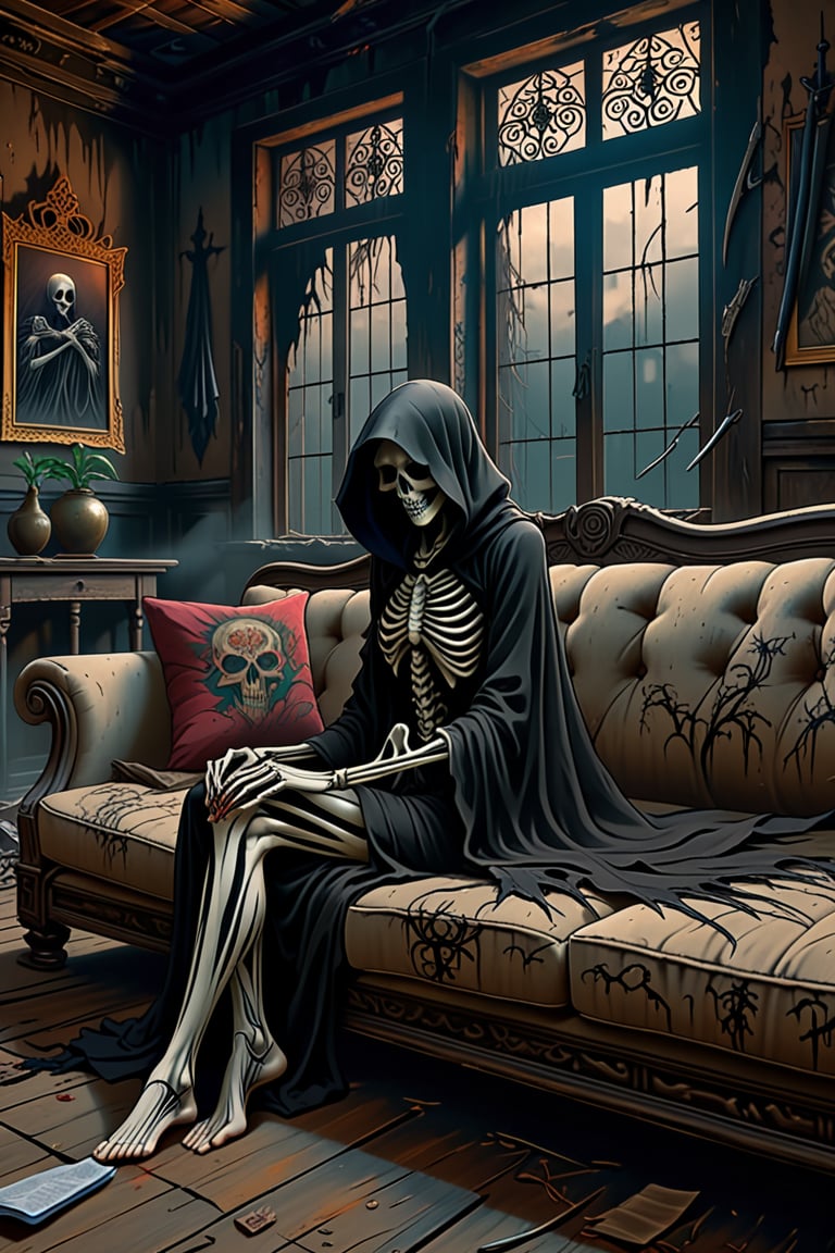 Grim reaper in background, Tattoed arms of 
 Anime Female 
In an abandoned house, tattered sofa, horror, Thai elements, dark scenes, 8k, reality, hyperdetail,digital artwork by Beksinski