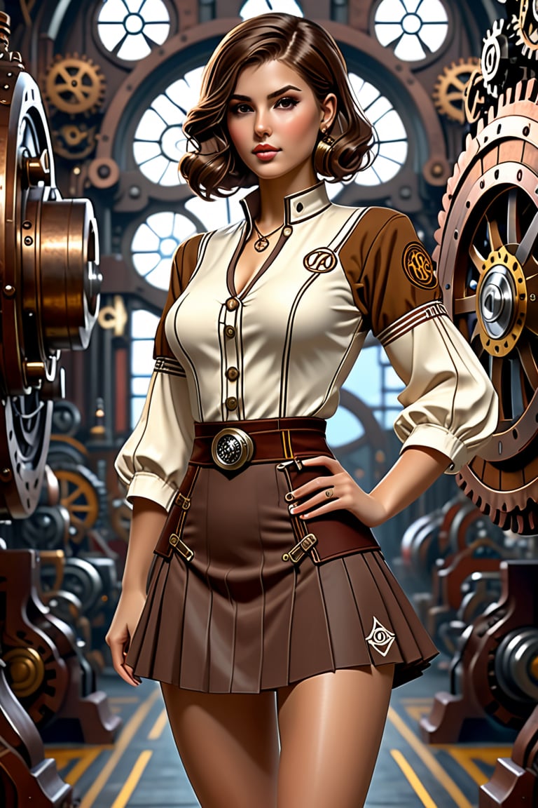 Sexy short skirt panty showing outfit full body, Portrait of a girl in mini skirt,
 open 38 dd opened 
tunic, loose brown hair, dieselpunk, aristocrat, model face, max detailing, realism, cogs in the background, monograms on background, Ian McQue style,   strongs colors, (artstation), 8k, intricate details, vintage, retro futuristic style, detailed illustration, side view