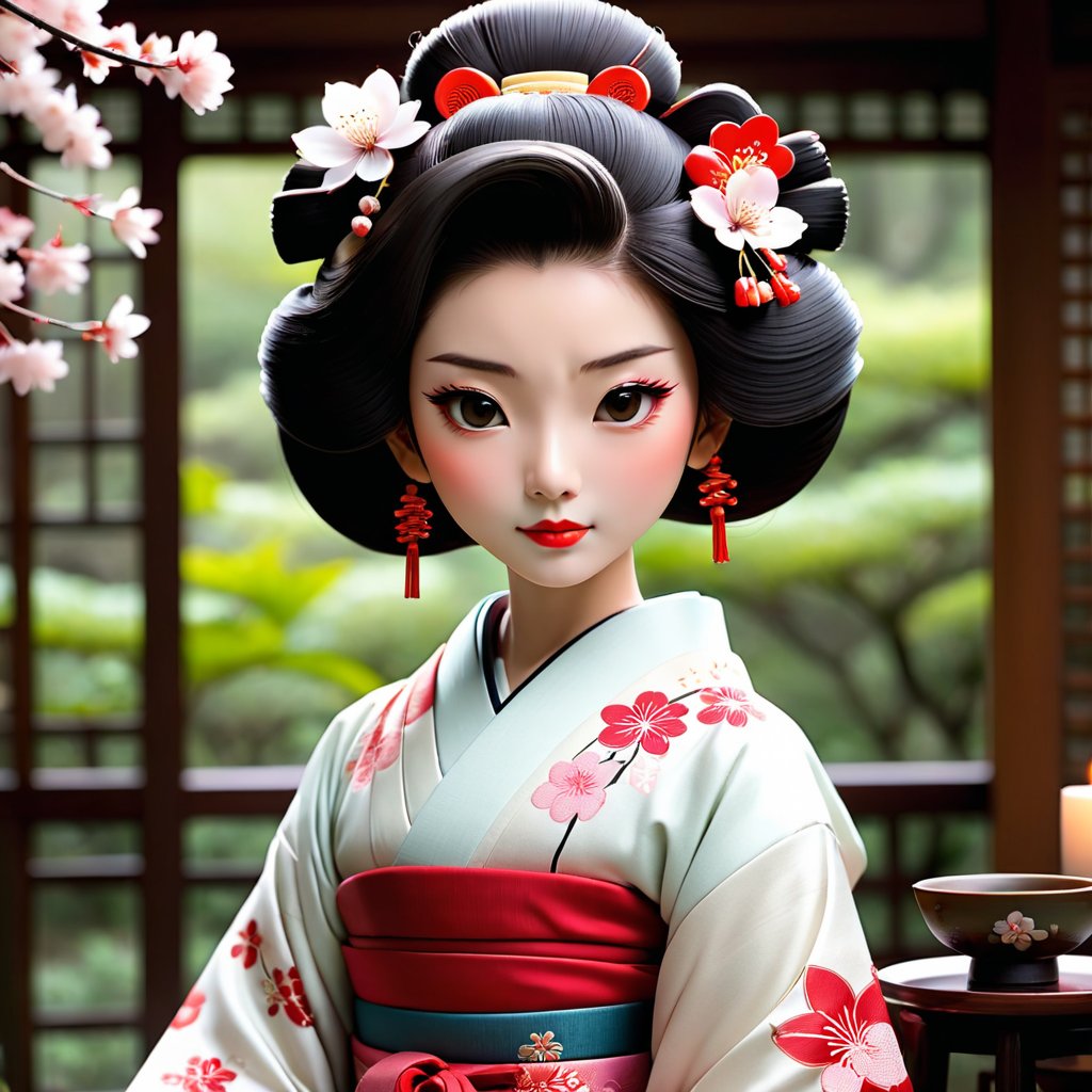   1. Anime  Shinkai style character in the style of the Geisha girl in the image, her hair is black and straight, the face is traditional red and white,  her skin in smooth and soft, her hair as a cherry blossom hair pin in it to hold it in place. The Geisha's kimono is white with pink cherry blossoms in a filigree design. 2. The setting is a Japanese tea house where she is sitting having tea, the tea is hot with steam coming from the cup, a small tea cup. The tea house is quite peaceful, with tradition Japanese zither music playing in the background. The lighting is from traditional candle light a feeling of calmness and peace in the tea house. 3. The Geisha hold her self with proper etiquette and respectfulness about her, the tea house treats her with respect as if she is a concubine of royalty. The other parties in the tea house acknowledge her with a bow and respect. The Geisha is a daughter of a high ranking official in the high court. The emperor is looking for someone to marry the 1st prince.  