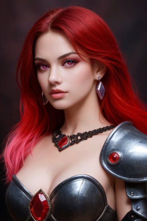 A lone figure stands with piercing pink eyes fixed intently on the viewer. The subject's red-tinged irises seem to glow in the dimly lit atmosphere, drawing attention to their striking features. Multicolored hair cascades down the upper body, adorned with gleaming earrings that catch the light. Closed lips form a stern expression, while a polearm leans against the border of the frame. The figure's armor-plated shoulder and chest glisten with gemstones, evoking an aura of strength and mystique.