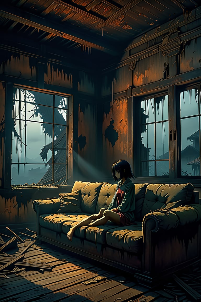 Anime Female 
In an abandoned house, tattered sofa, horror, Thai elements, dark scenes, 8k, reality, hyperdetail,digital artwork by Beksinski