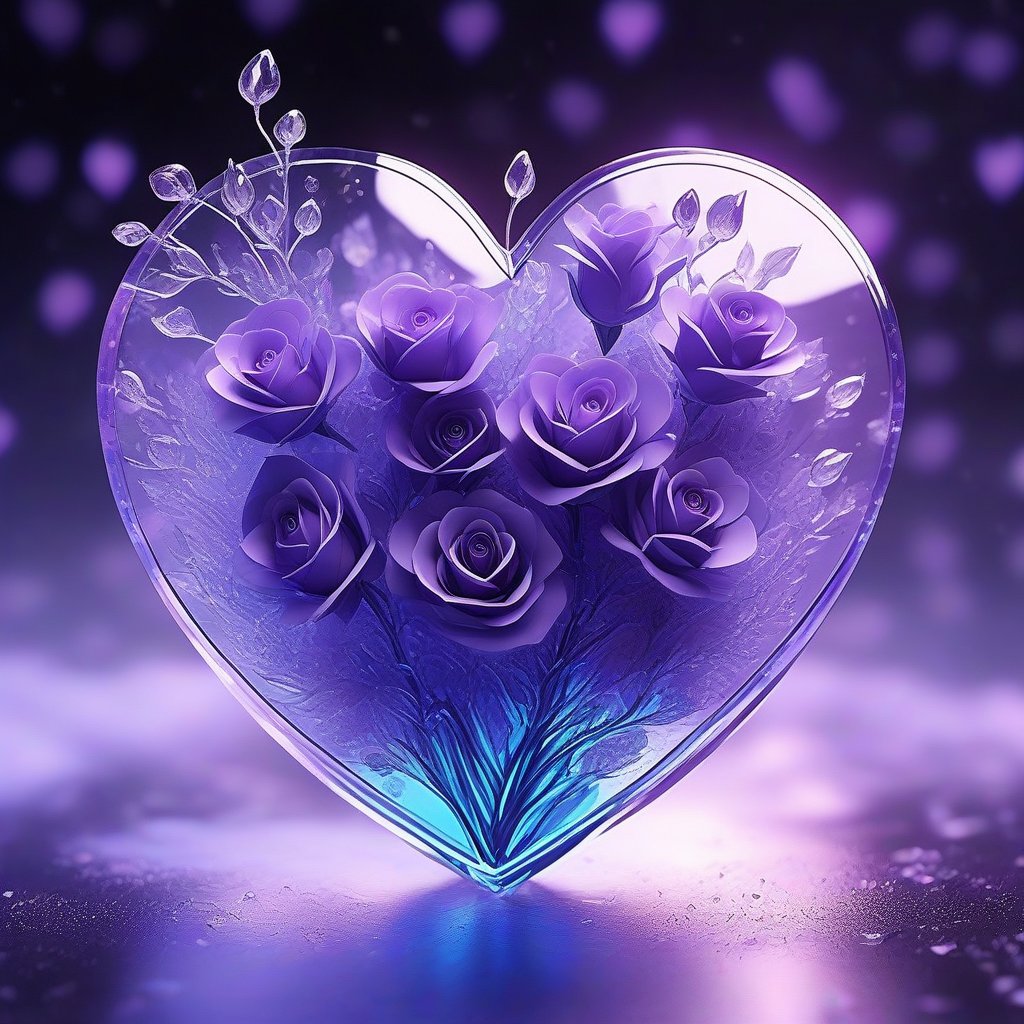 Create a hyper-detailed, otherworldly digital illustration featuring a heart-shaped glass sculpture with purple, glass-like petals. The sculpture boasts extreme high gloss, adorned with extreme water droplets from a light rain, capturing vivid, bold colors. Presented in an orthographic view, the intricate, sharp-focused composition showcases heart-shaped blue and violet roses, bathed in cinematic lighting for a dreamy, magical effect.