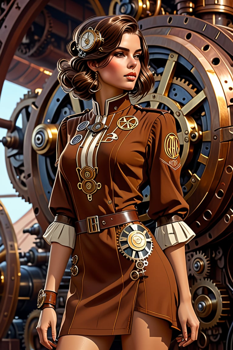 Sexy outfit full body, Portrait of a girl in 
 tunic, loose brown hair, dieselpunk, aristocrat, model face, max detailing, realism, cogs in the background, monograms on background, Ian McQue style,   strongs colors, (artstation), 8k, intricate details, vintage, retro futuristic style, detailed illustration, side view