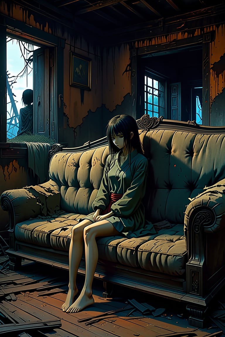 Anime Female 
In an abandoned house, tattered sofa, horror, Thai elements, dark scenes, 8k, reality, hyperdetail,digital artwork by Beksinski