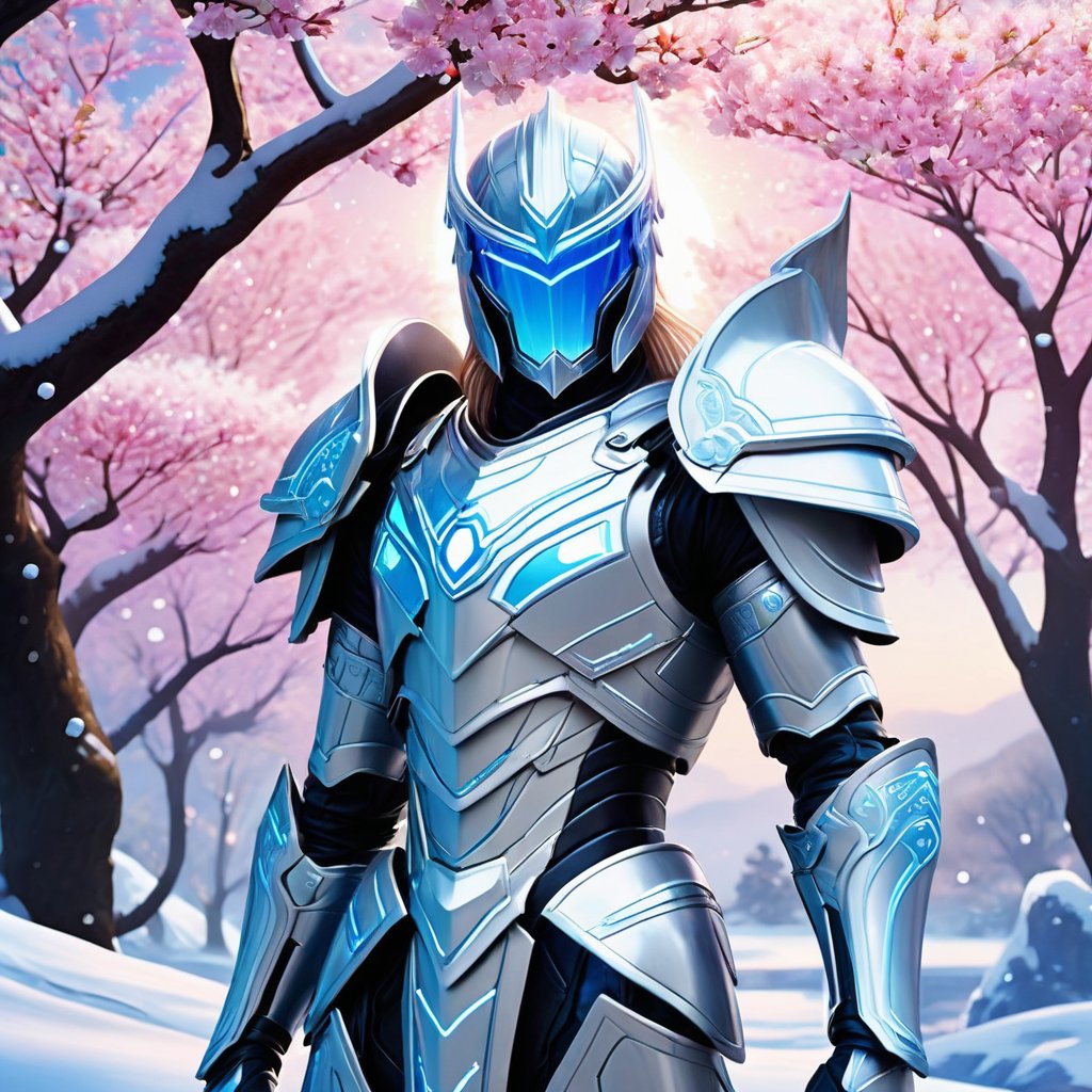  The image presents a strikingly vibrant scene set in a serene, snowy landscape. In the foreground, a character with long, flowing hair is clad in futuristic, polished armor with blue and white hues that reflect the surrounding environment. The armor is intricately designed with sleek contours and illuminated with subtle blue lighting, suggesting advanced technology. The character is holding a transparent orb that encases a miniature, sparkling figure, which appears to be a source of mystical energy. Behind the character, cherry blossom trees in full bloom add a splash of soft pink to the palette, contrasting with the crisp whites and blues of the snow and ice. A large, celestial body hangs low in the sky, casting a gentle light over the scene and enhancing the magical atmosphere. The entire setting is bathed in a radiant glow, with the vivid colors of the armor and the environment creating a sense of wonder and exotic beauty.