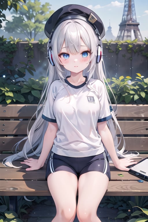 Master piece, generate image of a Sexy 
Girl with headphones, cap, dreamy expression, sitting a bench in the gardens of the Eiffel tower, training wear, t-shirt and sport shorts, (ultra detailed perfect piece:1.2), illustration, masterpiece, (extremely detailed CG 8k), (very fine 8K CG), (1girl:1.2), (Platinum hair), long hair, wavy hair, hair over one eye, sparkling, light blue eyes, looking at side,