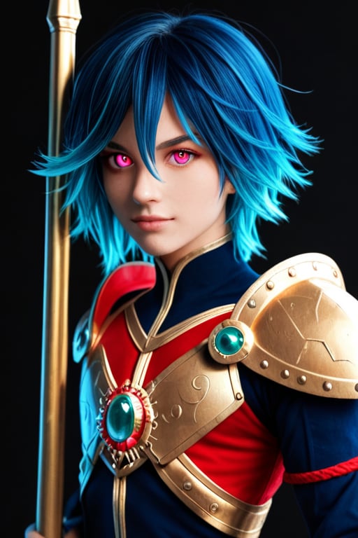 A striking solo portrait of a young boy with piercing pink eyes and mesmerizing red pupils. He gazes directly at the viewer, his closed mouth and intense expression commanding attention. Multicolored blue hair falls across his upper body, adorned with glinting jewelry. A gleaming polearm rests against his shoulder armor, which features a vibrant gemstone. The border surrounding the composition is bold and ornate, setting the tone for this regal and mysterious image.