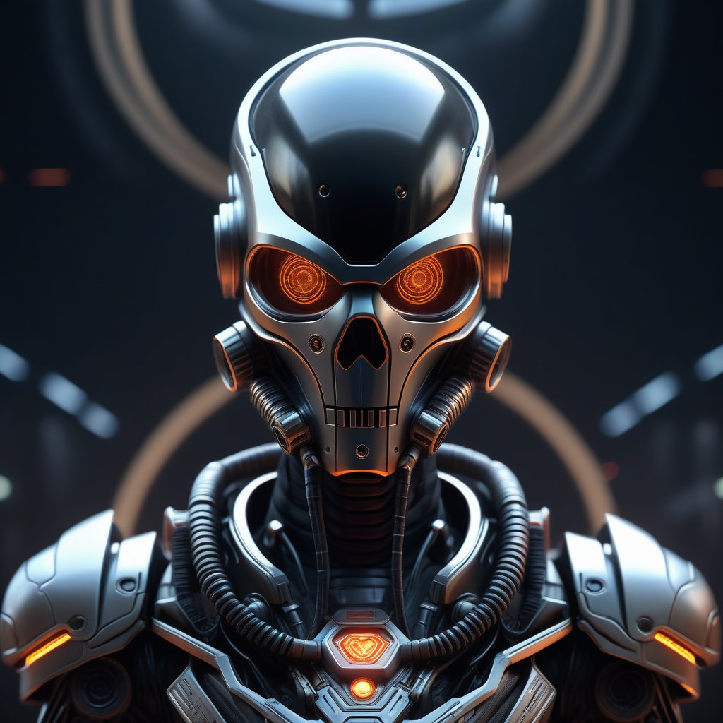 Create a hyper-realistic, high-detail image of a NECROMECHANICS Hellbound Heart alien humanoid, featuring a mix of medieval rags and futuristic LEDs on armor. The character, a blend of zombie, terminator, and cyborg, sports demonic eyes, a gas mask, and sci-fi gadgets helmet. The intricate, abstract artwork, rendered in Octane, showcases symmetrical composition, detailed body parts, and a UFO in the background. Influenced by artists like Tooth Wu, Wlop, Beeple, and Greg Rutkowski, this cinematic key art is trending on ArtStation.