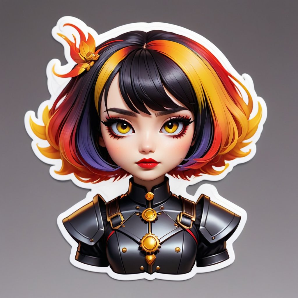 sticker design, steampunk, upper body, close eyes, white background, bob cut, short hair, multicolored hair, makeup , parted lips, black lips, eyeliner, gothic, goth girl,
her hair is styled in a bob with bangs. the tips of her hair are dyed red. sweet cartoon style

,disney pixar style,Line Chibi yellow,LIMBUSCOMPANY_Ryoshu,flat design,cute comic,anime,Emote Chibi Phoenix Vanguard in fire-themed Phoenix armor, rendered in hyper high resolution with extreme vivid colors. The scene features an anime style with a bokeh effect at f/1.4, showcasing the Mech Warrior's noble and resilient characteristics under dramatic and moody lighting."
