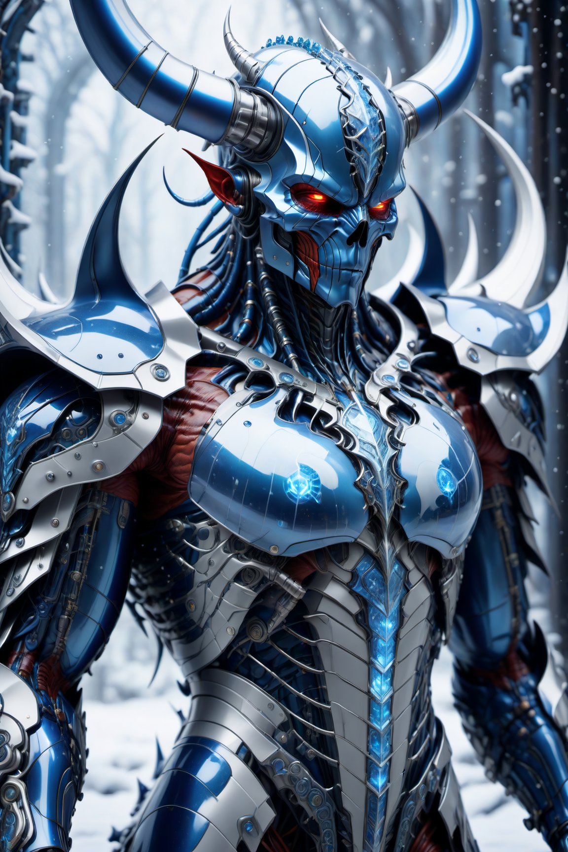 A biotech blue winter cyborg devil covered in detailed intricate mystic ice tech armor, splash art, fractal art, colorful, a winner photo award, detailed photo, Arnold render, 16K,cyborg style,biopunk style