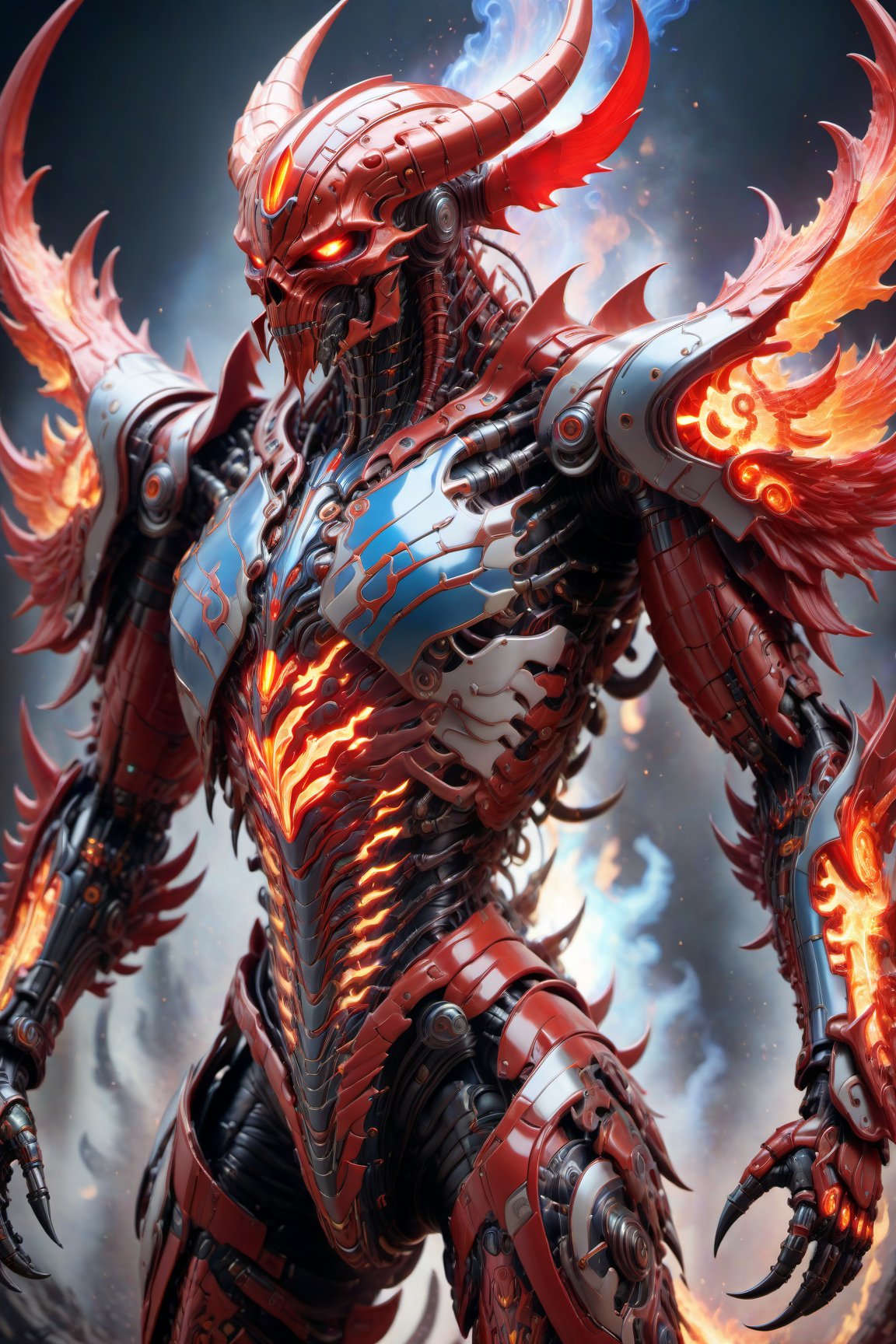 A biotech red fire cyborg demon covered in intricately detailed mystical fire tech armor, splash art, fractal art, colorful, an award winning photo, detailed photo, Arnold render, 16K, cyborg style, biopunk style