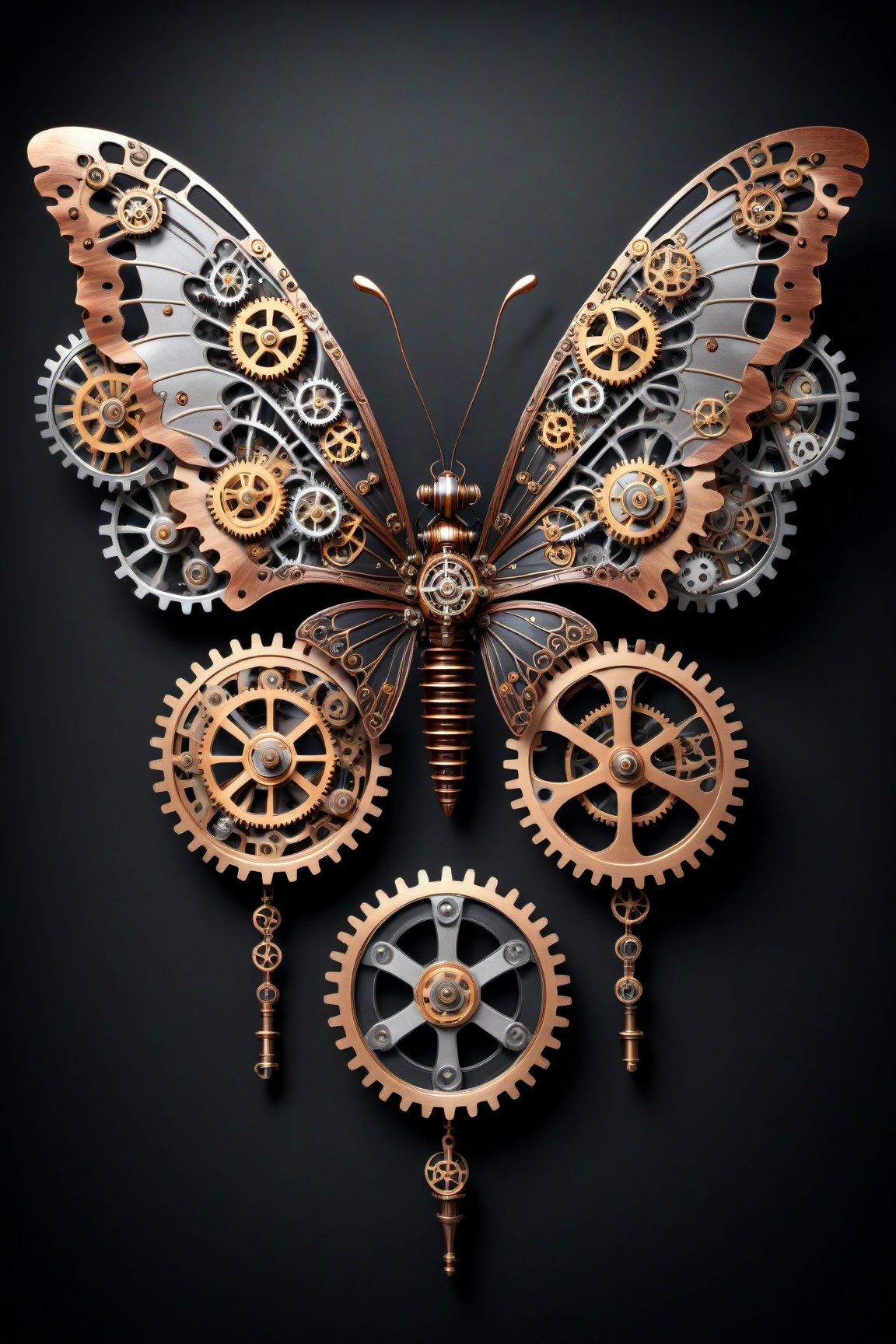 top view of a butterfly steampunk style, with made gears, ultra detailed HD, biomimetical in black background