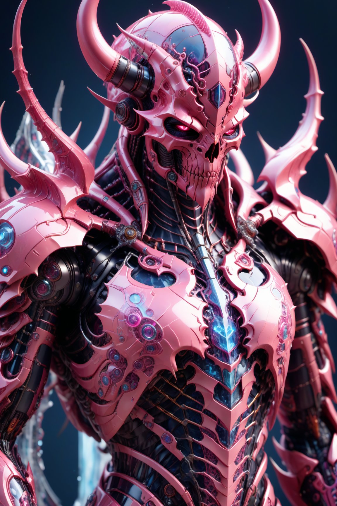 A biotech pink winter cyborg devil covered in detailed intricate mystic ice tech armor, splash art, fractal art, colorful, a winner photo award, detailed photo, Arnold render, 16K,cyborg style,biopunk style