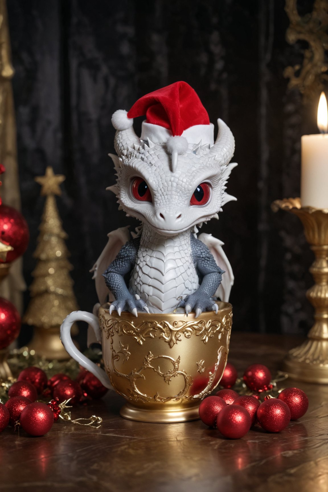 a dark gothic, White dragon baby wearing a red Christmas hat, in a golden Christmas cup. surrounding by dark gothic room, soft cinematic lighting, highly detailed, 8k