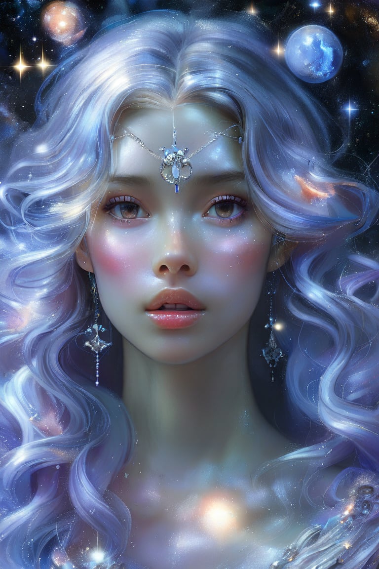 Frontal portrait of a whimsical and colorful woman resembling a moon priestess. Pale, silvery complexion, serene features, glowing eyes, and soft lunar freckles on the cheeks. Silky, gravity-defying hair in shades of silver, lavender, and midnight blue. Hair transitions into crescent moons and stars, creating a night sky illusion. Small glowing orbs floating around the head add to the celestial theme. Attire or visible body part resembles shimmering lunar fabric with ethereal colors. Overall effect: Graceful and otherworldly lunar being in tranquil reverie.